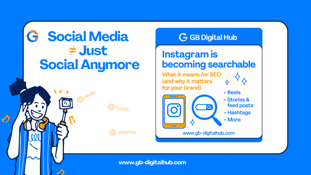 Illustration of a digital marketer optimizing Instagram content using Reels, hashtags, and captions for better SEO visibility